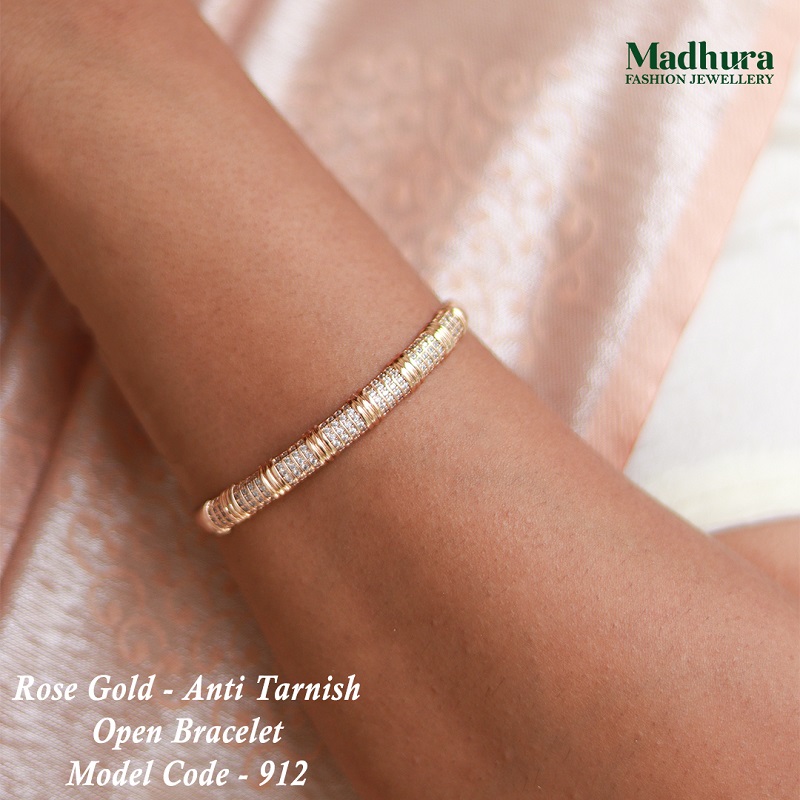 Premium Rose Gold Anti Tarnish Open Bracelet with Baguette AD Stones